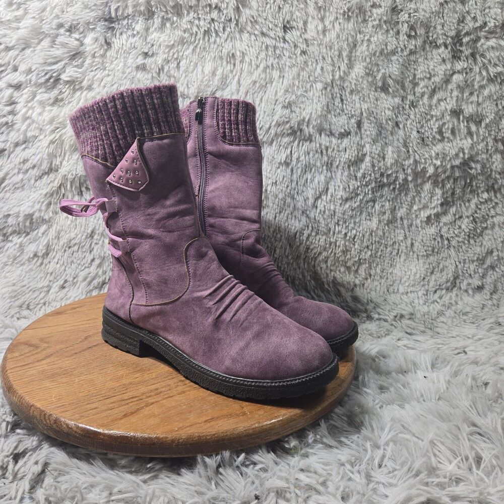 Women Calf High Faux Suede Side Zip Pull On Mid Calf High Boots Size 8-9/10 inch